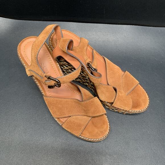 Coach Cross Band High Wedges Size 6.5B Brown Leather Suede Platform Espadrille - Picture 2 of 12